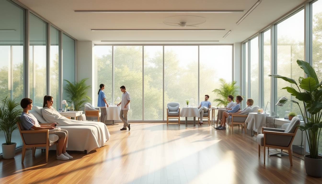 Prompt: Modern clinic, natural lighting, large windows, transparent glass, minimalist interior, white walls, wooden floors, simple furniture, plants on tables, doctors and nurses in uniforms, patients sitting or lying down, warm colors, soft shadows, 3/4 composition, panoramic view, afternoon sunlight, gentle illumination, ambient light, calm atmosphere.