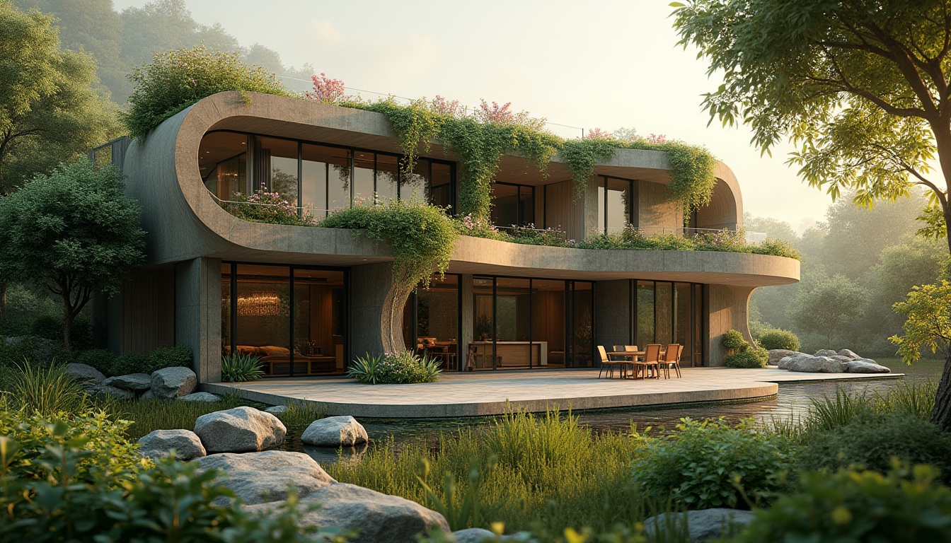 Prompt: Landscape integration, blending architecture with nature, modern villa, surrounded by lush greenery, curved lines, wooden accents, large windows, sliding glass doors, rooftop garden, blooming flowers, vines crawling up walls, natural stone facade, earthy tones, serene atmosphere, warm sunlight filtering through trees, dappled shadows on the ground, misty morning, soft focus, 3/4 composition, cinematic lighting.