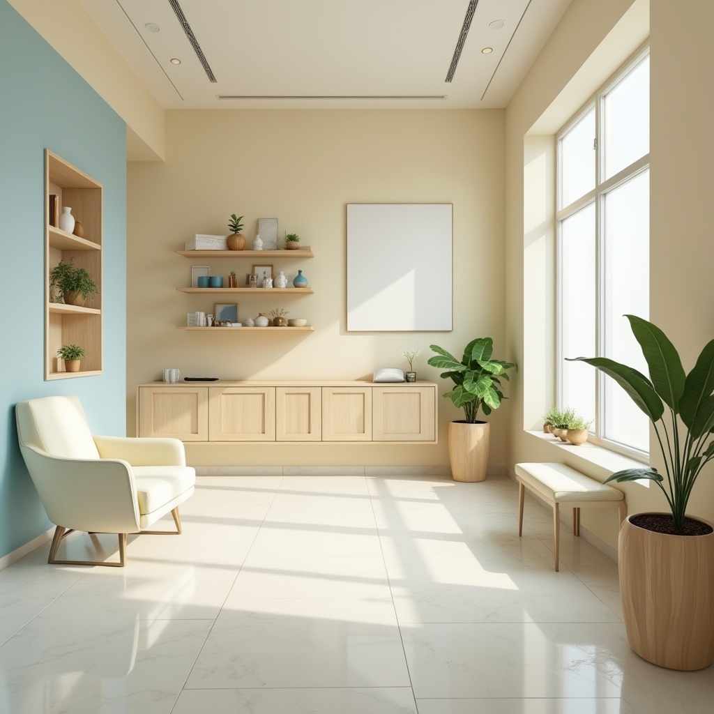 Prompt: Modern clinic, interior design, calm atmosphere, pastel colors, soft beige walls, creamy white furniture, light blue accents, wooden decorations, plants on shelves, large windows, natural lighting, gentle shadows, 3/4 composition, warm and inviting ambiance.