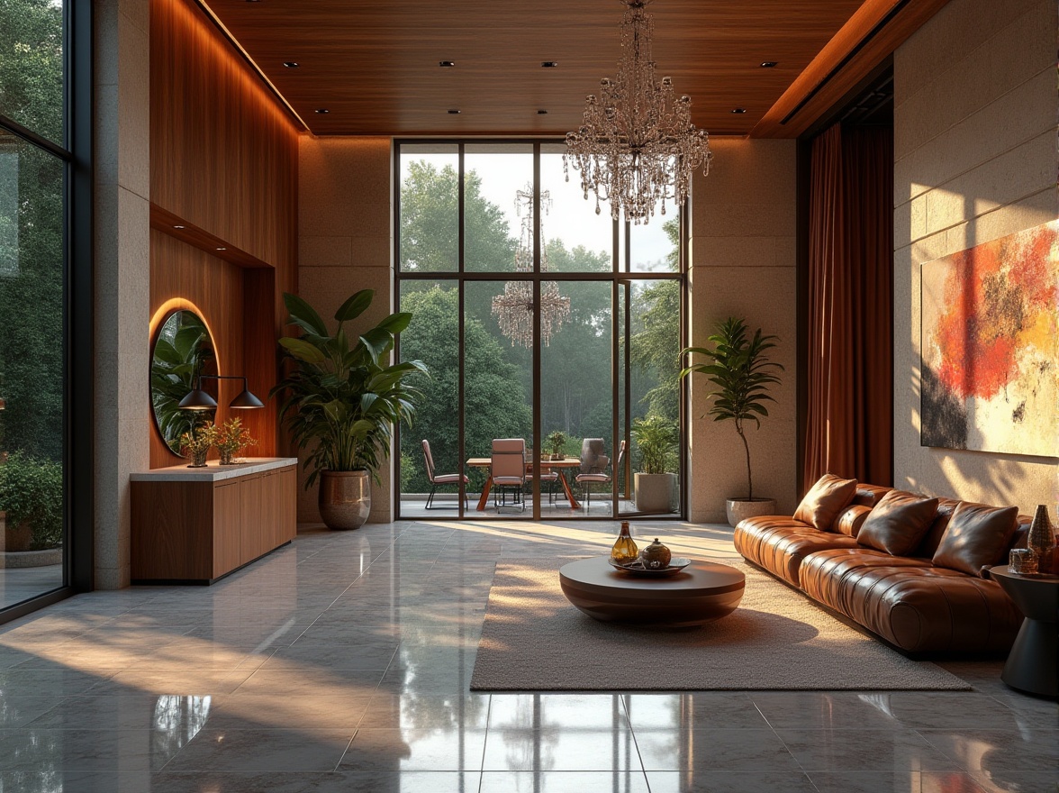 Prompt: Luxury villa, modern architecture, stone walls, glass windows, metal frames, wooden floors, marble countertops, leather sofas, velvet curtains, crystal chandeliers, abstract artwork, indoor plants, natural lighting, 3/4 composition, shallow depth of field, warm ambient light, cinematic mood.