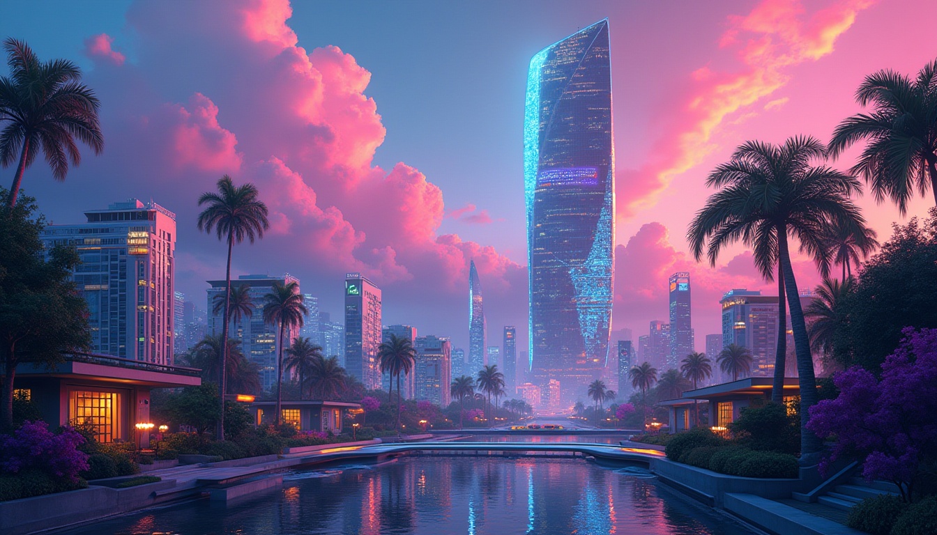 Prompt: Vibrant color palette, pastel hues, bold accents, gradient effects, neon lights, futuristic cityscape, sleek skyscraper, modern architecture, urban jungle, lush greenery, abstract shapes, 3D geometric forms, metallic textures, iridescent sheen, glowing outlines, moody lighting, cinematic composition, high-contrast colors, artistic brushstrokes.