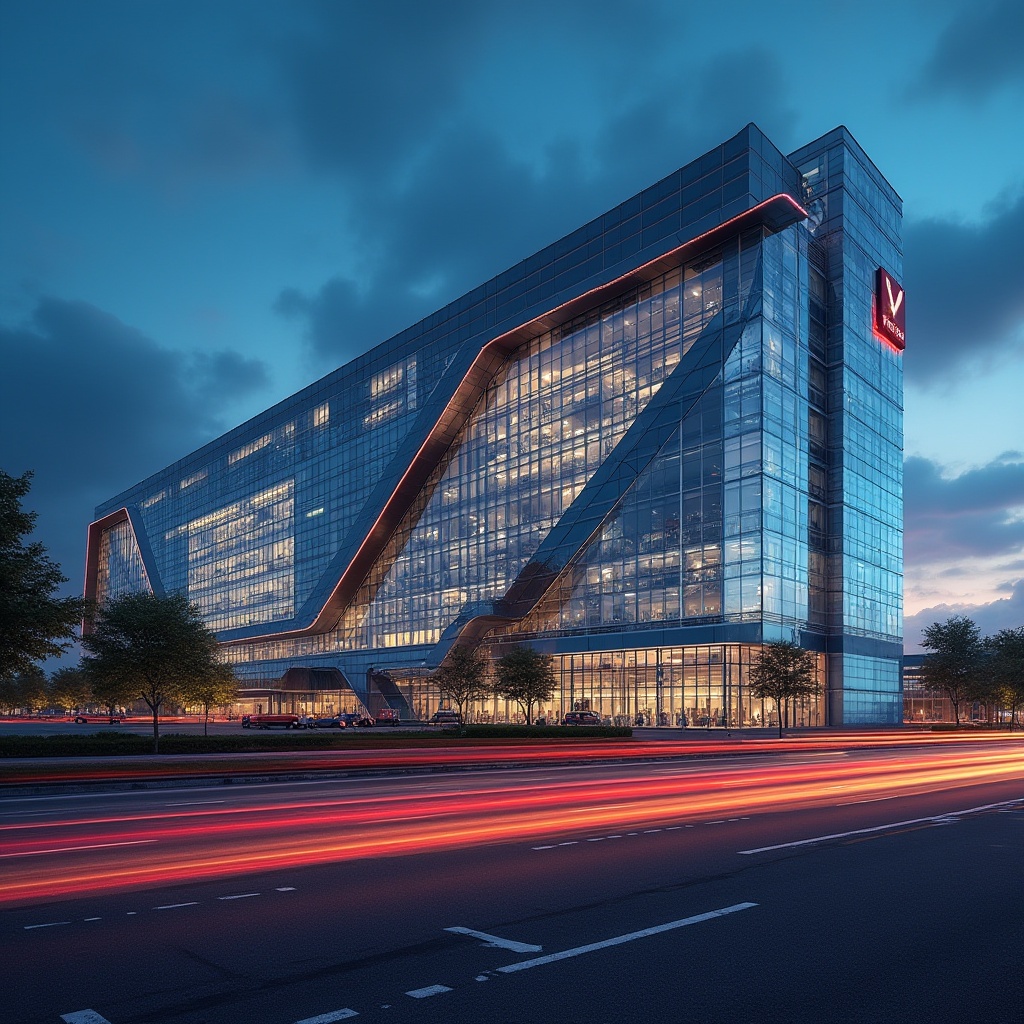 Prompt: Modern distribution center, innovative facade design, futuristic architecture, glass and steel structure, angular lines, LED lights, neon signage, urban cityscape, evening atmosphere, blurred car lights, shallow depth of field, low-angle shot, dynamic composition, contrast between warm and cool colors, high-tech feel, metallic texture, reflective surface, geometric patterns.