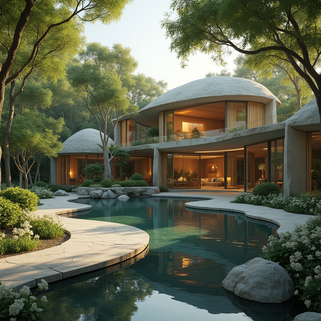 Prompt: Landscape integration, blending architecture with nature, serene villa, harmonious fusion of modern design and lush greenery, curved lines, minimalist windows, wooden accents, natural stone walls, surrounding trees, overhanging branches, blooming flowers, winding garden path, tranquil pond, reflections on water surface, soft warm lighting, cinematic composition, 3/4 angle view.