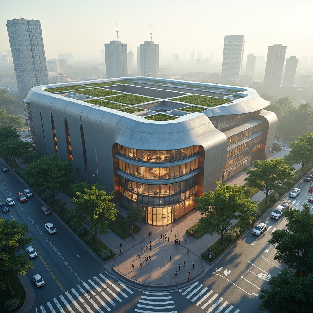 Prompt: Modern hospital building, Urban Integration, Streamline architecture, sleek metal exterior, large glass windows, rounded edges, minimalist design, green roofs, solar panels, cityscape background, busy streets, traffic lights, pedestrians walking by, urban trees lining the sidewalk, morning sunlight casting long shadows, 3/4 composition, cinematic lighting, depth of field, realistic rendering, high-rise buildings surrounding the hospital, subtle fog effect.