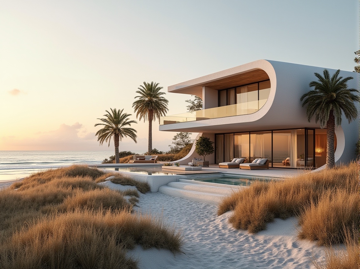 Prompt: Coastal architecture, modern villa, organic forms, curvaceous lines, white stucco walls, large windows, sliding glass doors, wooden accents, natural materials, beachside location, sandy dunes, sea oats, palm trees, ocean views, sunset time, warm golden light, soft shadows, ambient lighting, 3/4 composition, panoramic view, detailed textures, realistic rendering.