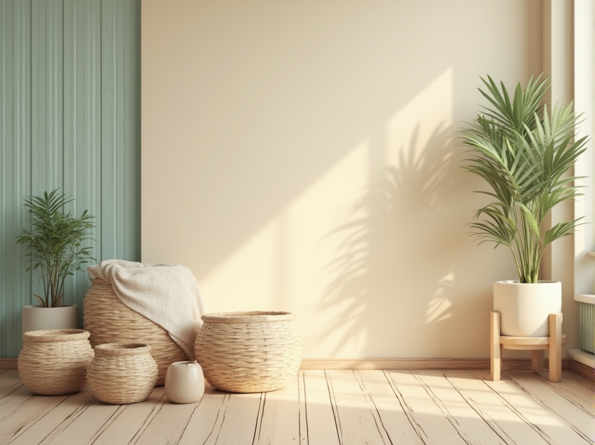 Prompt: "Cohesive color palette, pastel colors, soft gradient, harmonious blend, warm beige background, calming turquoise accents, creamy whites, rich wood tones, natural textiles, woven baskets, earthy ceramics, indoor plants, minimalist decor, Scandinavian inspired, cozy atmosphere, morning light, soft focus, shallow depth of field."