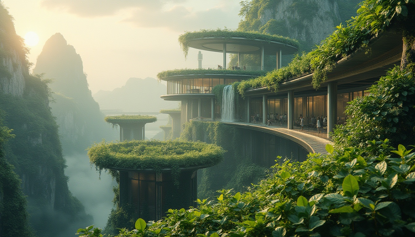 Prompt: Landscape integration, blending architecture with nature, futuristic skyscraper, curved lines, green walls, rooftop garden, vines crawling up, waterfall cascading down, misty atmosphere, morning dew, warm sunlight, gentle breeze, panoramic view, 3/4 composition, soft focus, shallow depth of field, vibrant colors, harmonious coexistence, eco-friendly design, sustainable materials, natural textures, organic shapes, tranquil ambiance.