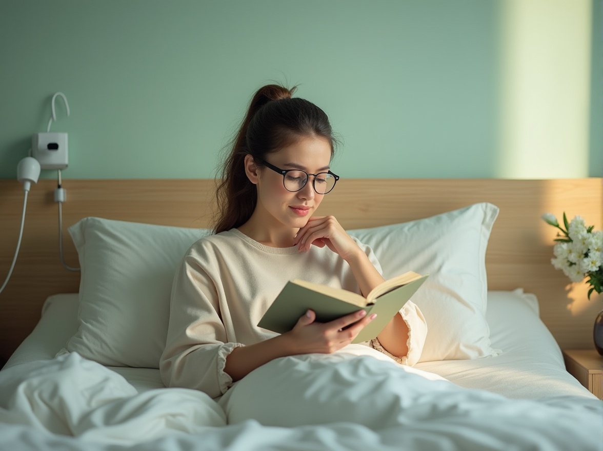 Prompt: Modern hospital room, cozy atmosphere, gentle lighting, pale green walls, comfortable bed with pillows, soft white blanket, wooden bedside table, vase with white flowers, calm patient, thoughtful facial expression, gentle hands holding a book, reading glasses, casual hairstyle, natural makeup, relaxed posture, peaceful background, subtle texture, warm color tone, 3/4 composition, soft focus, serene ambiance.