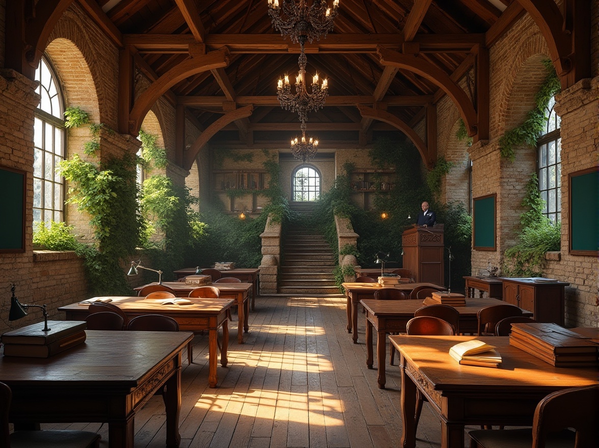 Prompt: Barn-style academic setting, vintage wooden beams, exposed brick walls, stone columns, ivy climbing up walls, ornate metal chandeliers, richly textured wooden desks, leather-bound books, green lamps, elegant blackboards, professor's podium, worn stone stairs, arched windows, dramatic shadows, warm afternoon light, rustic yet sophisticated atmosphere, natural materials, earth tones, symmetrical composition, central perspective, realistic details, cinematic lighting.