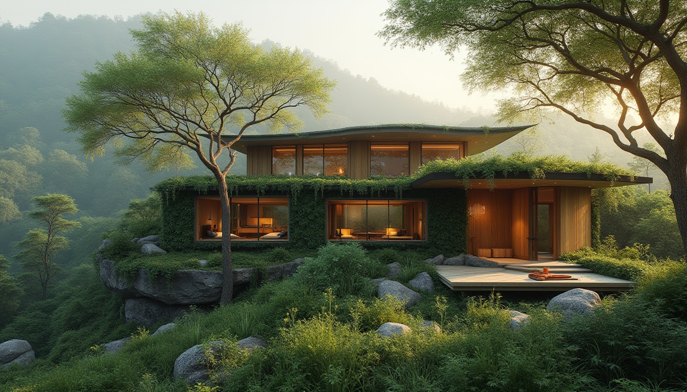 Prompt: Landscape integration, modern eco-friendly villa, blending seamlessly into surroundings, lush greenery, overhanging trees, vines crawling up walls, wooden accents, large windows, sliding glass doors, natural stone foundation, curved lines, organic shapes, hillside location, panoramic view, misty morning atmosphere, soft warm lighting, 3/4 composition.