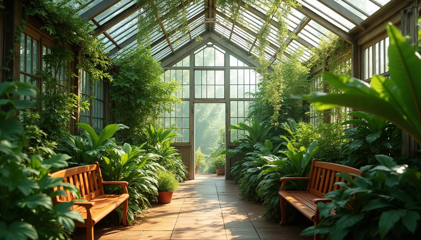 Prompt: Natural ambiance, lush greenery, serene atmosphere, transparent glass roof, abundant natural light, flourishing plants, vines crawling up walls, wooden benches, warm earthy tones, soft diffused lighting, 3/4 composition, shallow depth of field, gentle bokeh, greenhouse interior, botanical garden, peaceful retreat.