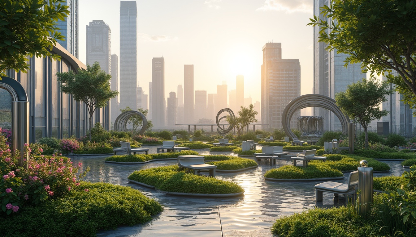 Prompt: Harmonious integration, modern landscape design, futuristic cityscape, skyscraper background, rooftop garden, lush greenery, vibrant flowers, abstract sculpture, sleek benches, winding pathways, soft evening light, panoramic view, 3/4 composition, cinematic mood, ambient Occlusion, realistic materials, high-rise architecture, urban planning, sustainable design, eco-friendly atmosphere.