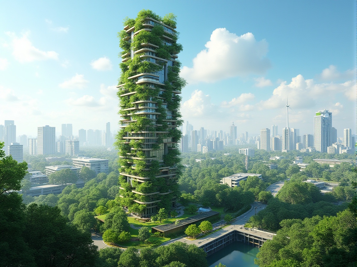 Prompt: Modern eco-friendly skyscraper, cityscape, daytime, clear blue sky, abundant greenery, lush trees, vertical garden, solar panels, wind turbines, recycled materials, bamboo scaffolding, reclaimed wood, low-carbon concrete, energy-efficient windows, double glazing, insulation, natural ventilation, green roof, living walls, urban oasis, sustainable architecture, futuristic design, panoramic view, bird's eye perspective, soft natural lighting.