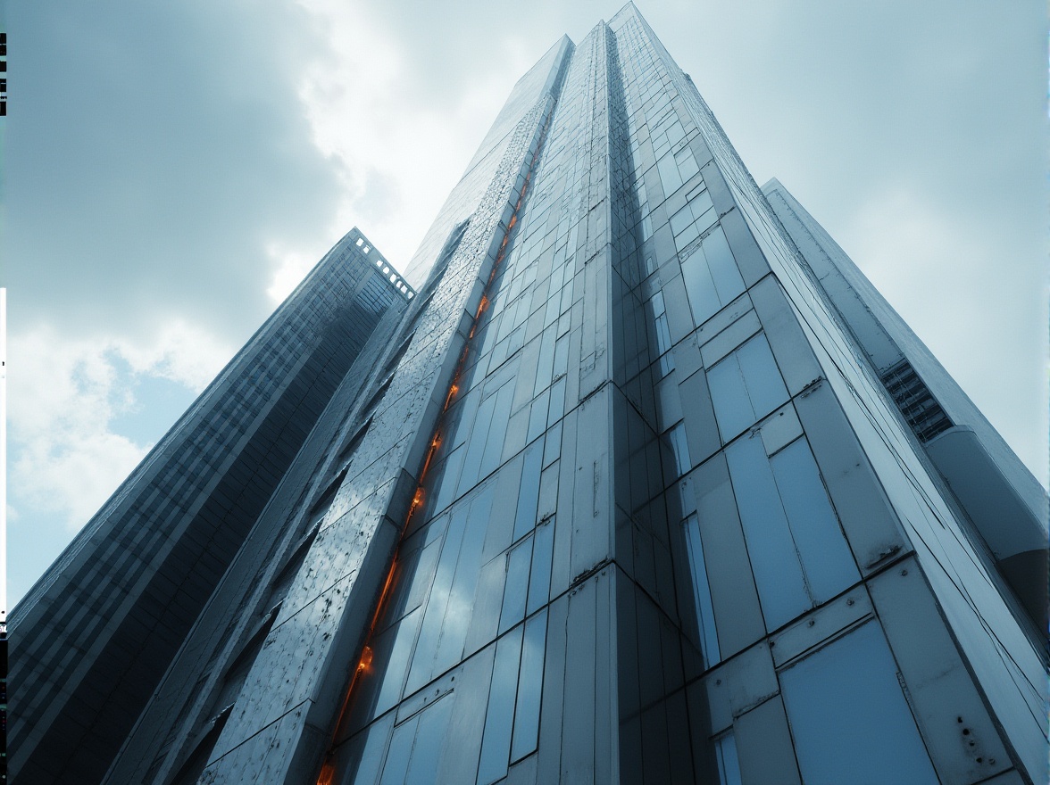 Prompt: Modern skyscraper, futuristic architecture, sleek aluminum exterior, reflective glass windows, angular lines, metallic texture, urban cityscape, cloudy sky, dramatic lighting, 3/4 composition, low-angle shot, imposing structure, industrial atmosphere, steel beams, rivets details.