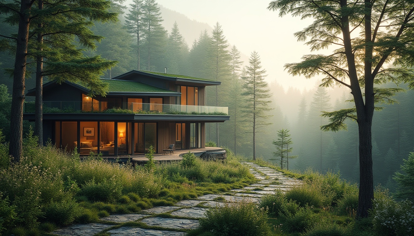 Prompt: Mountain villa, harmonious integration, blending architecture with nature, modern minimalist design, large glass windows, wooden accents, green roof, surrounded by lush forest, tall trees, misty atmosphere, soft sunlight filtering through leaves, subtle fog rolling in, winding stone path, wildflowers blooming, serene ambiance, cinematic composition, warm and cozy lighting, 3/4 view angle, natural texture, organic structure.