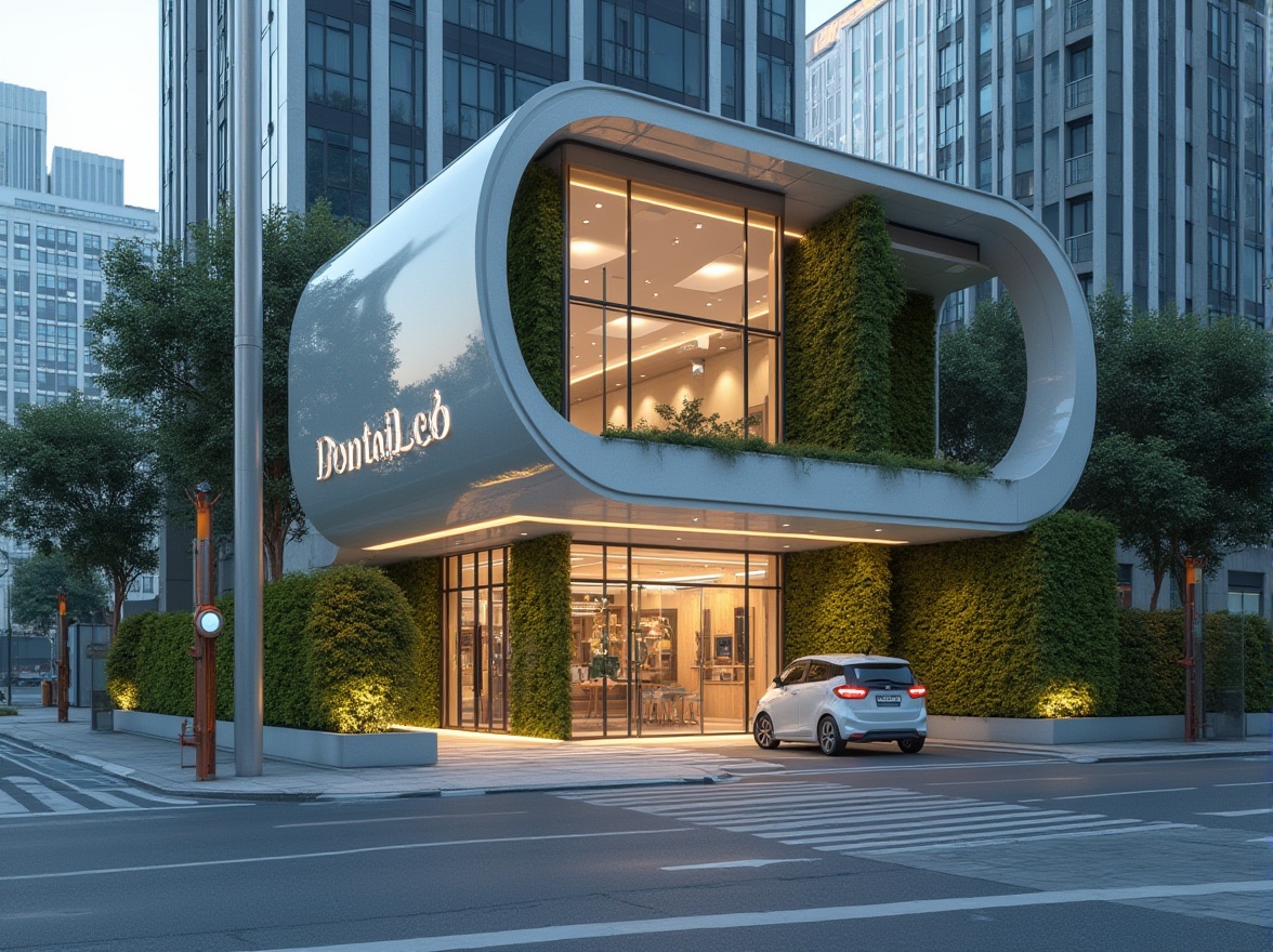 Prompt: Modern dental clinic, futuristic facade, sleek lines, minimalist architecture, large glass windows, silver aluminum frames, subtle LED lighting, vertical garden walls, lush greenery, urban cityscape background, concrete pavement, busy streets, 3/4 composition, shallow depth of field, vibrant color scheme, high-tech atmosphere.