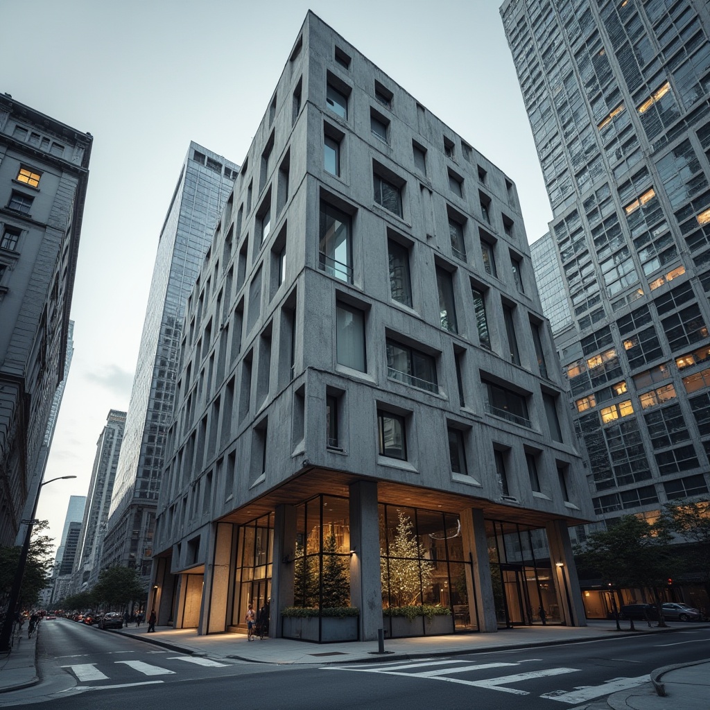 Prompt: Urban modern architecture, building exterior, concrete finishes, brutalist design, industrial chic, exposed ductwork, metallic accents, urban jungle, cityscape, skyscraper, contemporary art, abstract patterns, rugged texture, monochromatic color scheme, low-angle shot, dramatic lighting, high contrast, cinematic composition.