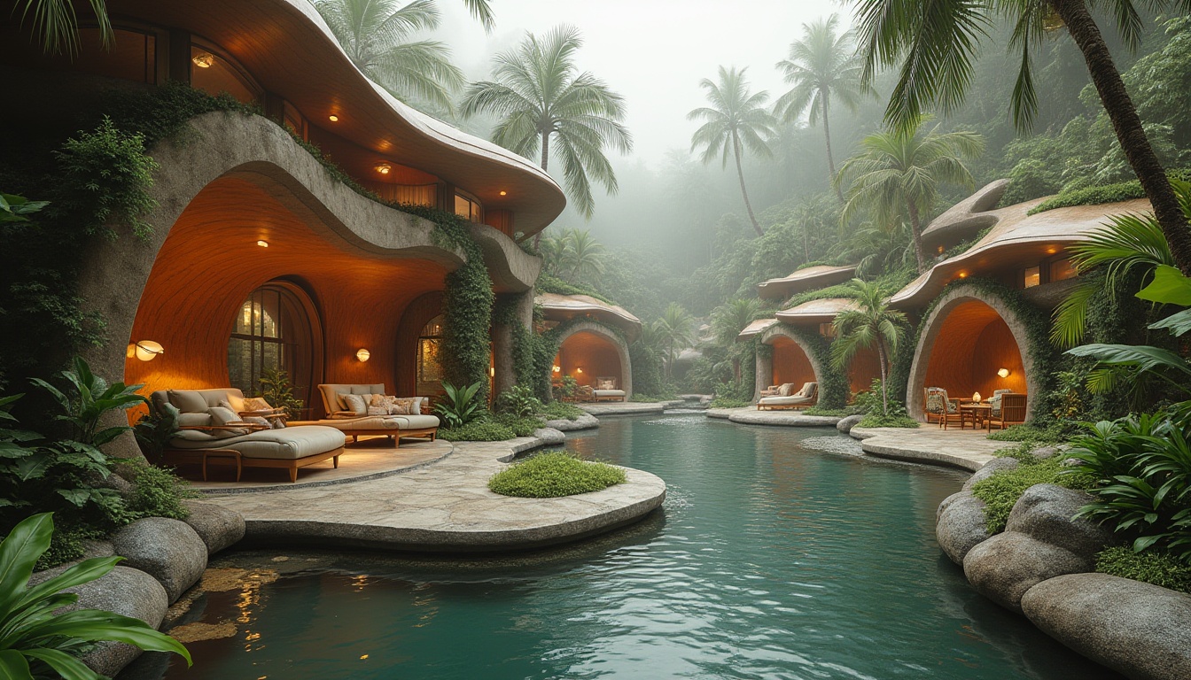 Prompt: Organic architecture, natural forms, undulating curves, smooth surfaces, irregular shapes, earthy tones, wooden textures, stone structures, flowing water features, lush greenery, tropical plants, misty atmosphere, soft diffused lighting, cinematic composition, warm color palette, 3/4 angle shot, depth of field, vibrant colors, futuristic yet natural ambiance.