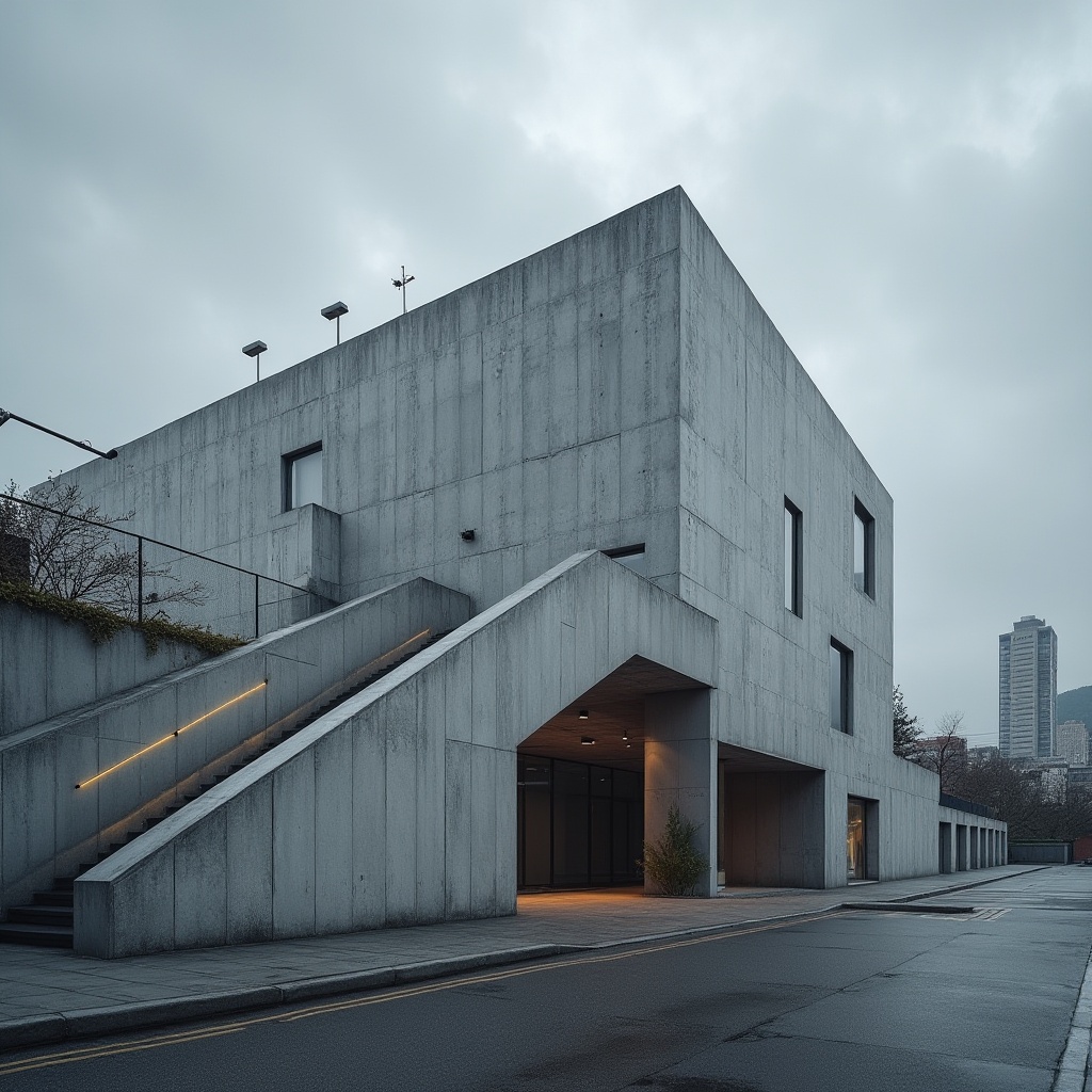 Prompt: Fiber-cement building, modern architecture, sleek lines, industrial feel, grayish white color, textured surface, rough finish, brutalist style, urban setting, cityscape background, cloudy sky, dramatic lighting, low-angle shot, 3/4 composition, emphasis on material texture.