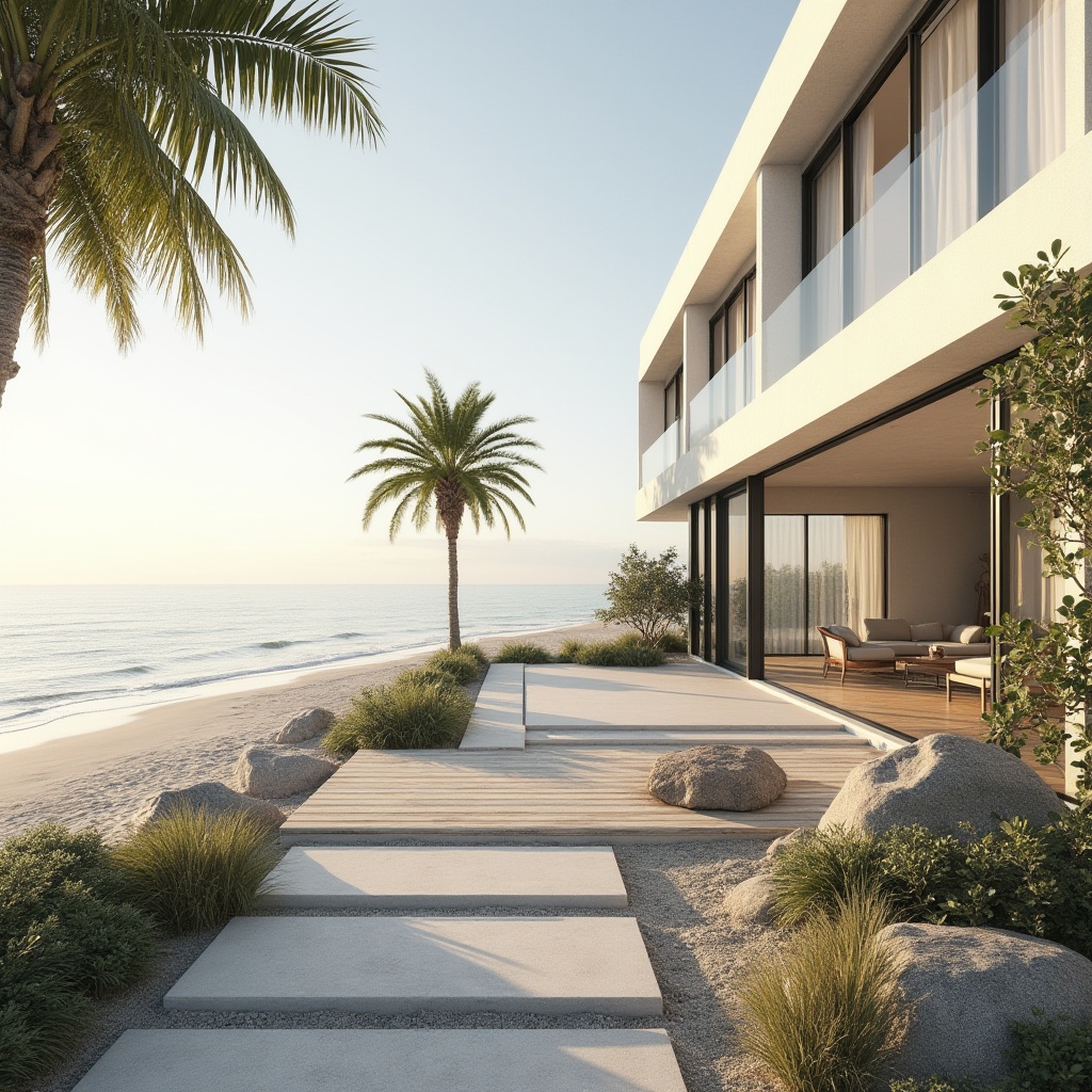 Prompt: Coastal minimalism, serene landscape, vast ocean view, sandy beach, few palm trees, natural rocks, driftwood, sparse greenery, simple concrete pathway, weathered wooden deck, modern minimalist villa, large windows, sliding glass doors, open floor plan, bright airy interior, creamy white walls, polished concrete floors, sleek low-profile furniture, abundant natural light, warm soft sunlight, gentle sea breeze, sound of waves crashing.