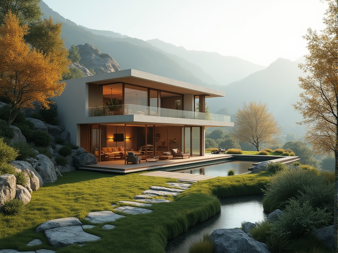 Prompt: Modern villa, integration with natural landscape, lush greenery, large windows, sliding glass doors, open floor plan, minimalist interior design, cream-colored walls, wooden floors, sleek lines, angular architecture, surrounded by mountains, misty atmosphere, soft morning light, panoramic view, 3/4 composition, ambient lighting, warm color palette, natural materials, stone walls, wood accents, water features, small pond, walking path, trees with changing leaves.