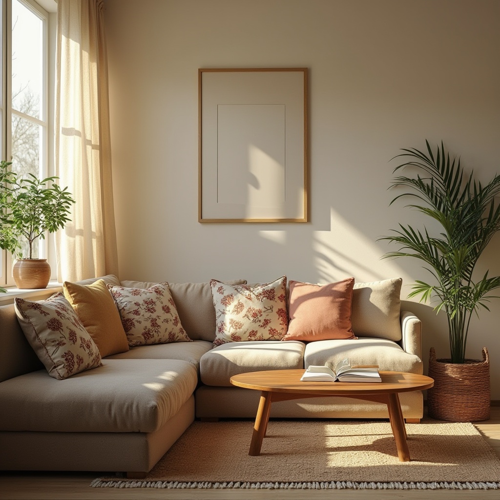 Prompt: Cozy living room, plush sectional sofa, velvet upholstery, soft cushions, floral patterned throw pillows, wooden coffee table, woven rattan basket, potted plants, warm lighting, afternoon sunbeams, large windows, gentle drapery, calm atmosphere, minimalist decoration, comfortable reading nook, quiet moment, relaxing ambiance.