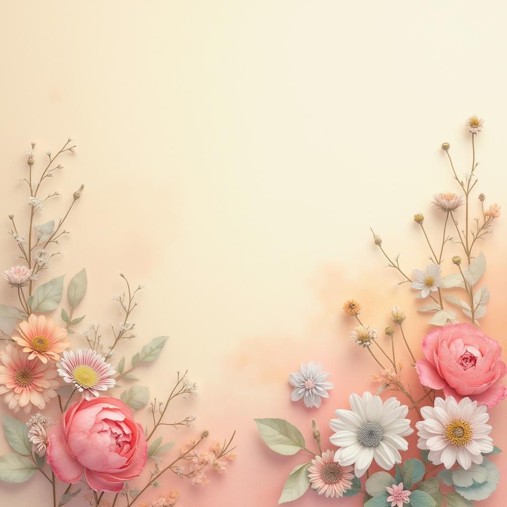 Prompt: Pastel colors, soft gradients, gentle ombre, watercolor texture, mixed media, abstract art, artistic composition, warm beige background, delicate florals, subtle metallic accents, 3/4 composition, panoramic view, natural lighting, dreamy atmosphere, ethereal mood, vibrant yet muted hues.