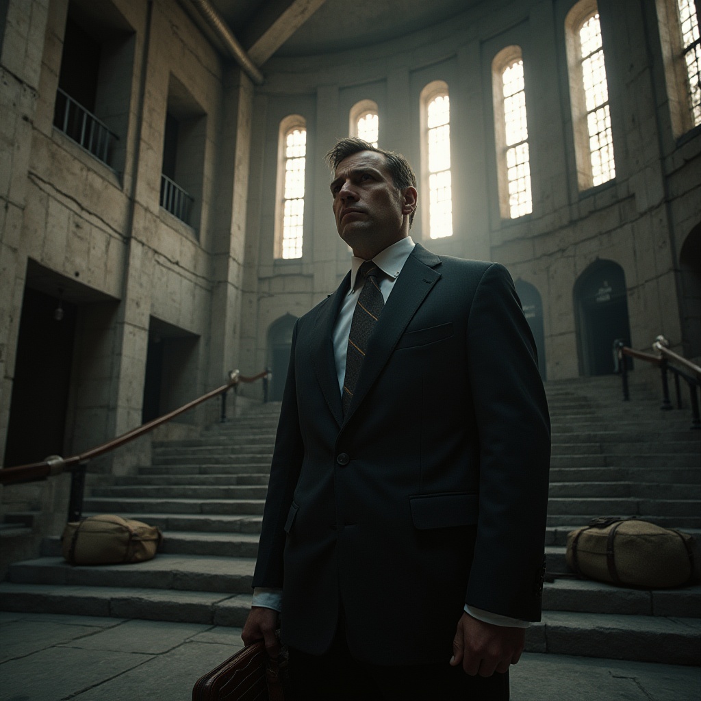 Prompt: Courthouse, brutalist architecture, concrete texture, rugged stone walls, metal beams, industrial pipes, raw unfinished surfaces, dramatic natural light, high ceiling, grand staircase, solemn atmosphere, lawyer, judge, courtroom drama, worn leather briefcase, formal attire, serious facial expression, strong shadows, low-key lighting, cinematic composition, wide-angle lens.