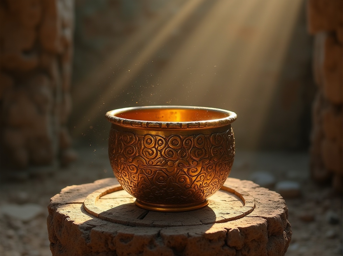 Prompt: Golden sand-casted metal, intricate patterns, rustic texture, ancient ruins, mystical artifacts, ornate details, warm sunlight, soft shadows, dramatic contrast, high-angle shot, atmospheric perspective, weathered stone pedestal, subtle dust particles, subtle gradient lighting, cinematic color palette, realistic rendering.