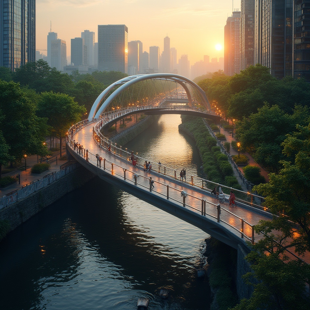 Prompt: Pedestrian bridge, modern design, steel arch structure, silver-gray metallic material, smooth curves, urban landscape integration, city skyline, skyscrapers, busy streets, vehicles moving, people walking, sunset time, warm orange lighting, gentle mist, lush greenery, trees lining the riverbank, water flowing gently, stone pavement, stairs leading to bridge, vibrant streetlights, cinematic composition, atmospheric perspective, 3/4 view angle.