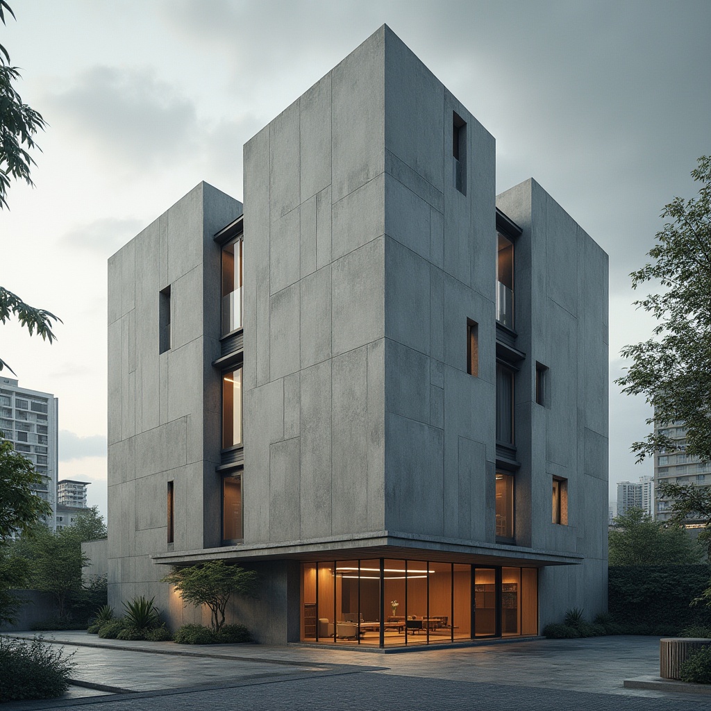 Prompt: Fiber-cement building, modern architecture, urban cityscape, brutalist structure, rough textured facade, fiber-cement panels, industrial aesthetic, clean lines, geometric shapes, minimalist design, natural light pouring in through large windows, urban jungle background, cloudy sky, dramatic shadows, low-angle shot, 3/4 composition, realistic rendering, high dynamic range.