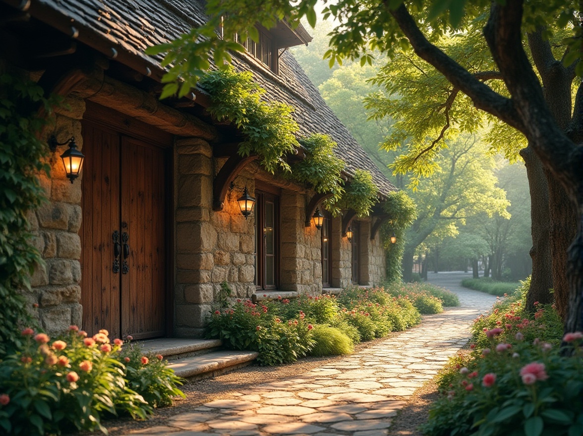 Prompt: Rustic academic barn, solo, old stone walls, wooden doors, vines climbing up walls, lush greenery, blooming wildflowers, meandering stone pathways, lanterns hanging from trees, peaceful atmosphere, warm afternoon sunlight filtering through leaves, soft focus, natural colors, realistic texture, cinematic composition, 3/4 view, medium shot, symmetrical framing, beautiful detailed architecture, ambient light, depth of field.