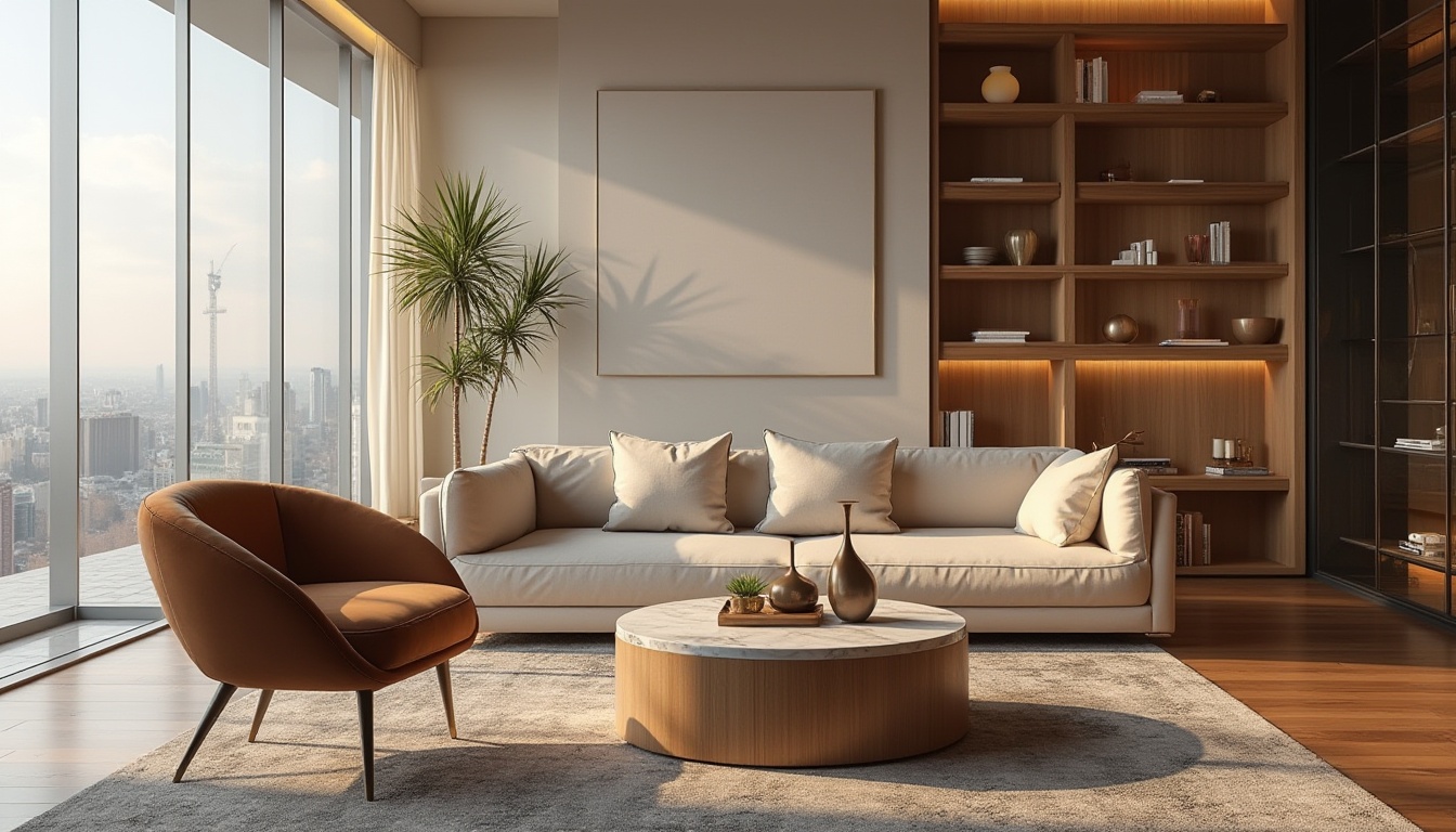 Prompt: Luxury furniture showroom, modern interior design, high-end materials, leather sofa, velvet armchair, marble coffee table, wooden floor, metallic decorative lamp, elegant vase on shelf, large windows, cityscape view, daytime, soft natural light, shallow depth of field, 3/4 composition, warm color tone, realistic texture, detailed reflection, ambient Occlusion.