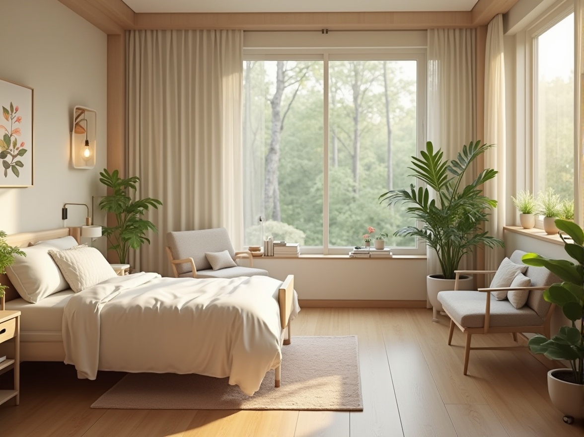 Prompt: Cozy hospital room, comfortable ambiance, gentle natural light, soft beige walls, warm wood flooring, plush patient bed, white crisp sheets, fluffy pillows, calming green plants, minimalist modern furniture, ergonomic chairs, soothing artwork, quiet corner reading nook, large windows with scenic view, peaceful forest outside, subtle morning sunlight, relaxing atmosphere, 3/4 composition, shallow depth of field.