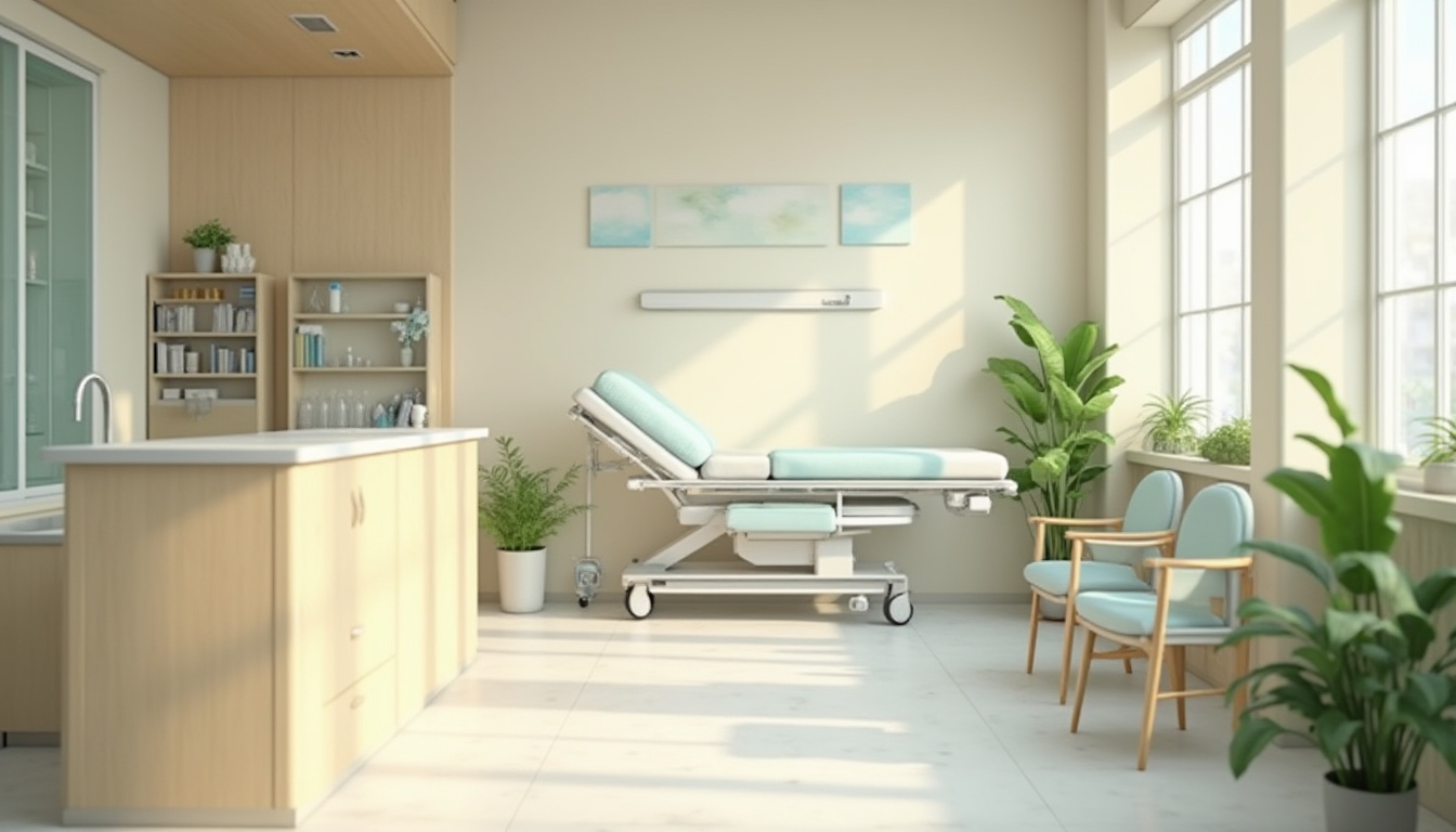 Prompt: Medical clinic, calm atmosphere, soft pastel colors, gentle lighting, beige walls, cream-colored furniture, pale blue accents, green plants, wooden decorations, minimal ornaments, modern equipment, stainless steel surfaces, subtle patterns on flooring, warm and inviting ambiance, 3/4 composition, shallow depth of field, natural light pouring in through large windows.