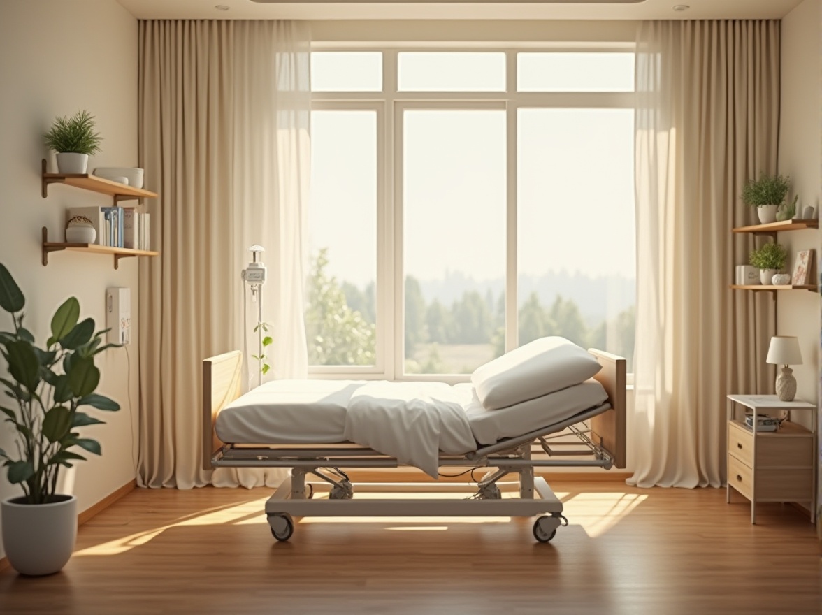 Prompt: Calming hospital interior, natural light pouring in through large windows, comfortable patient bed with white linens, adjustable headboard, soft cushions, beige walls, wooden flooring, gentle color scheme, modern medical equipment, peaceful plants on shelves, rounded corners, spacious private room, warm beige curtains, quiet atmosphere, subtle ambient lighting, 3/4 composition, soft focus.