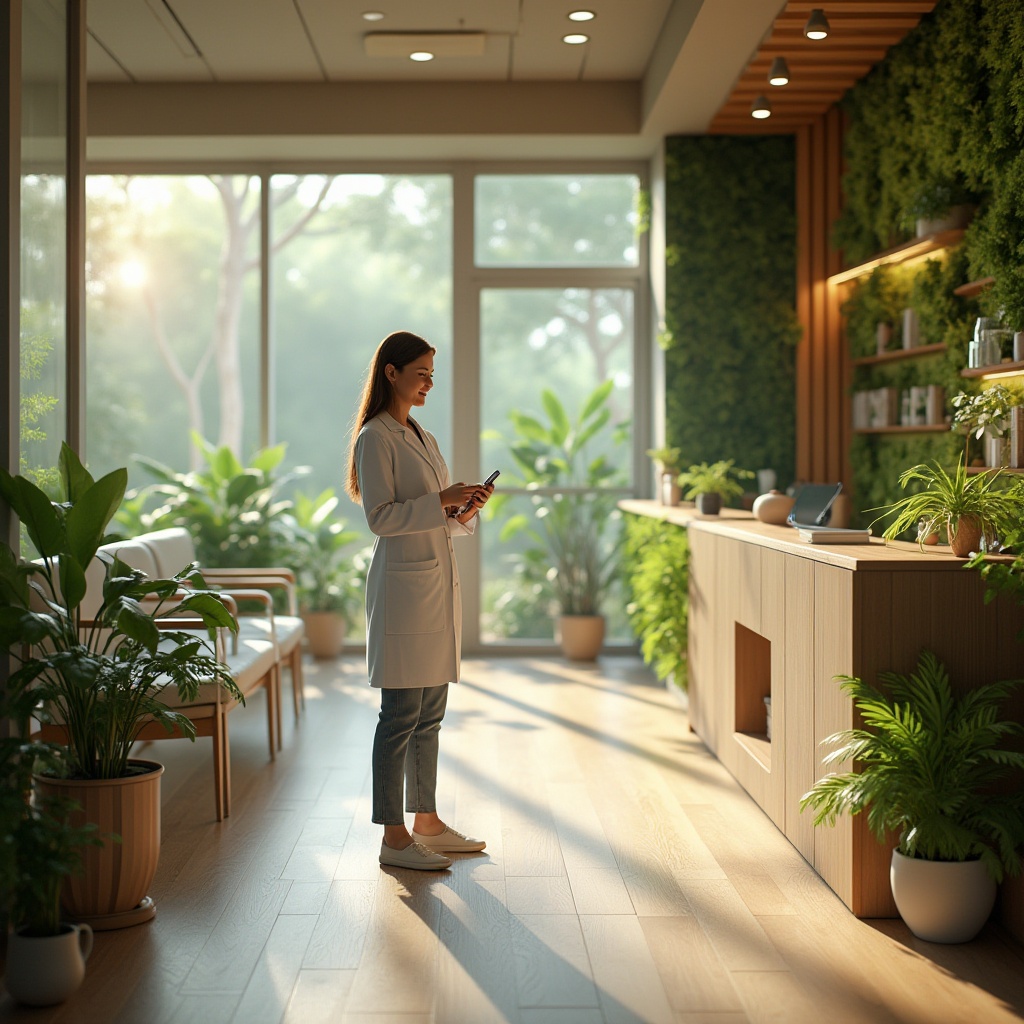 Prompt: Modern dental clinic, sustainable design, eco-friendly materials, natural light pouring through large windows, living green walls, recyclable dental equipment, minimalist interior, wooden accents, bamboo flooring, energy-efficient LED lighting, calm atmosphere, plants scattered throughout, dentist in white coat, gentle smile, holding a tablet, standing near a sleek reception desk, panoramic view of the clinic, 3/4 composition, soft focus on the background, warm and inviting color tone.