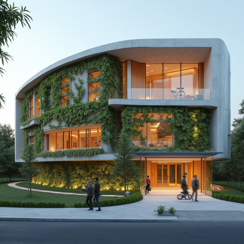 Prompt: Modern rehabilitation center, innovative facade design, curved lines, green walls, vertical garden, large windows, natural light, wooden accents, minimalistic, wheelchair accessible ramp, automatic sliding doors, solar panels, recyclable materials, futuristic, sleek, geometric shapes, 3/4 composition, warm ambient lighting, panoramic view.