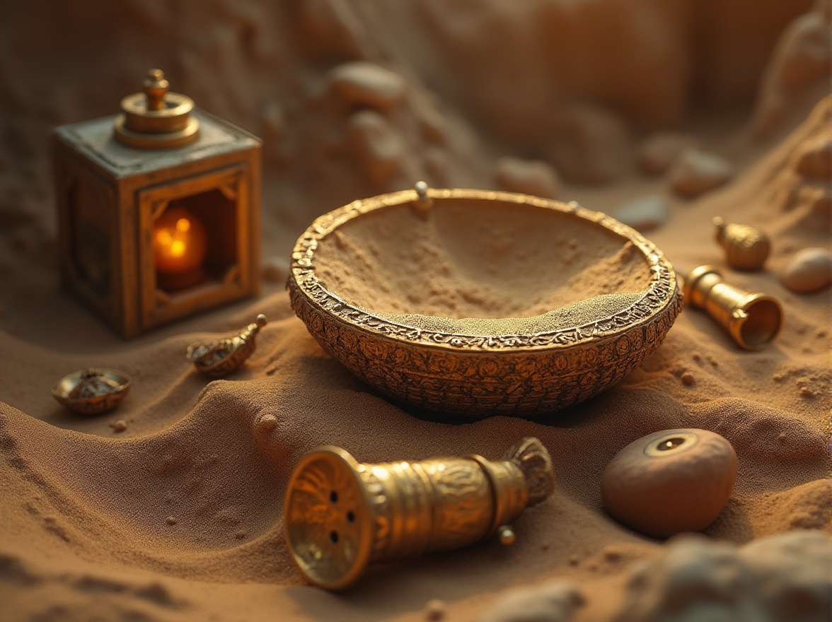 Prompt: Sand-casted elements, intricate details, rough textures, golden metallic hues, oxidized effects, ancient artifacts, mysterious relics, desert landscapes, sandy dunes, rocky formations, weathered wooden crates, old lanterns, mystical auras, dramatic lighting, high contrast, cinematic composition, warm color tones, soft focus.