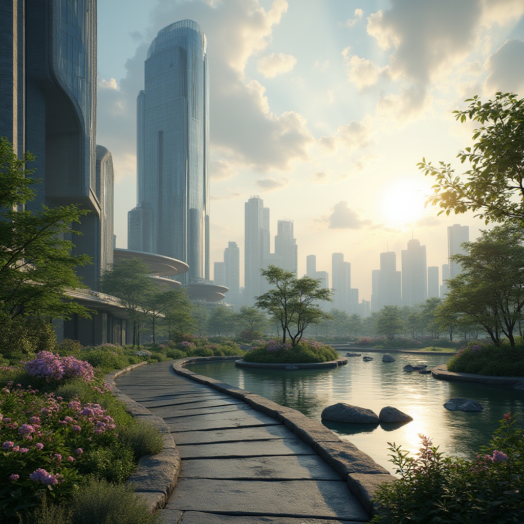 Prompt: Architectural visualization, futuristic cityscape, integration with landscape design, modern skyscraper, sleek glass facade, curved lines, rooftop garden, lush greenery, vibrant flowers, intricate stone pavement, shallow water feature, stepping stones, natural rock formations, misty atmosphere, warm ambient lighting, panoramic view, cinematic composition, high-angle shot, dramatic clouds, sunburst effect.