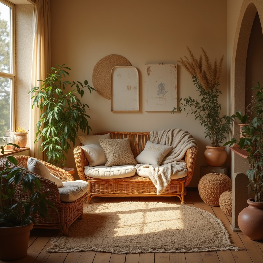 Prompt: Cozy atmosphere, warm wheat tones, comforting color palette, soft beige walls, natural wood flooring, woven wicker furniture, plush throw blankets, vintage rug, rustic ceramic vases, earthy terracotta pots, lush green plants, warm candle lighting, intimate setting, 3/4 composition, shallow depth of field, inviting ambiance.