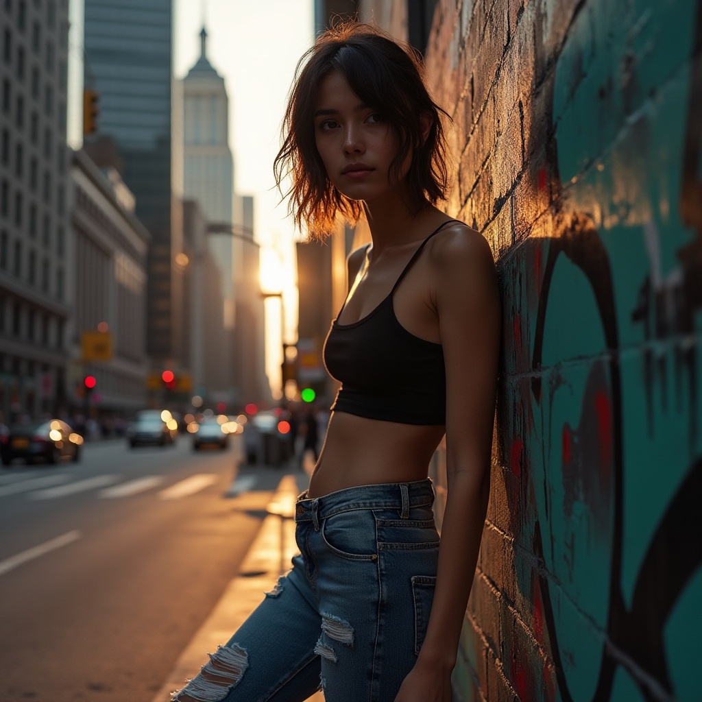 Prompt: Modern city girl, casual chic, blended with urban surroundings, standing, leaning against a graffiti wall, ripped denim jeans, black crop top, sneakers, messy bobbed hair, natural makeup, subtle highlights, warm sunlight casting long shadows, cityscape background, skyscrapers, bustling streets, pedestrian crossing, traffic lights, street art, vibrant colors, dynamic composition, shallow depth of field, cinematic lighting.