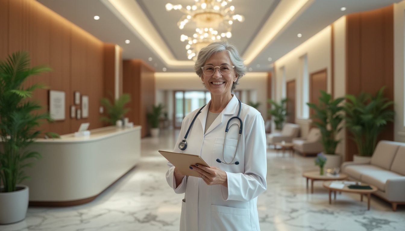 Prompt: hospital interior, modern architecture, ornate details, luxurious furniture, marble floors, grand chandelier, elegant curves, soft warm lighting, comfortable atmosphere, mature lady doctor, white coat, stethoscope, gentle smile, subtle makeup, short hair, reading glasses, holding clipboard, standing near reception desk, surrounded by plants, natural materials, wooden accents, minimal ornaments, calm ambiance, 3/4 composition, shallow depth of field, soft focus.