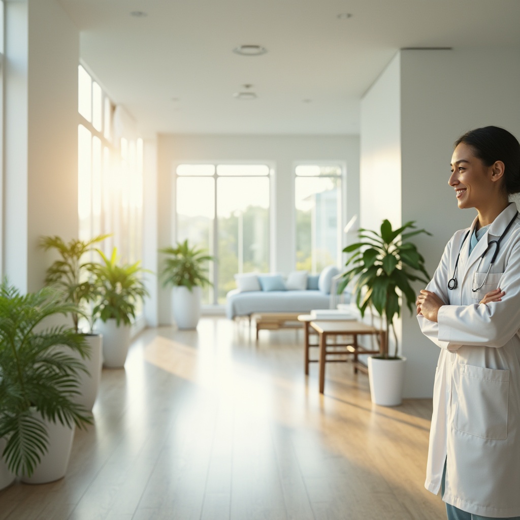 Prompt: Natural clinic interior, maximizing natural lighting, large floor-to-ceiling windows, white walls, light wood flooring, minimalist decor, greenery plants, modern medical equipment, doctor in white coat, stethoscope around neck, gentle smile, warm ambient light, soft shadows, 3/4 composition, panoramic view, calm atmosphere.