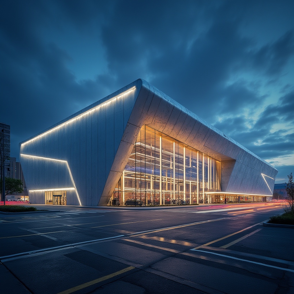 Prompt: Modern distribution center, innovative facade design, industrial chic, metallic materials, silver aluminum panels, LED lights, geometric shapes, futuristic feel, urban landscape, cityscape, busy streets, 3/4 composition, low-angle shot, dramatic lighting, cinematic mood, high-tech architecture, minimalist style, clean lines, angular forms, reflective surfaces, night scene, vibrant colors.