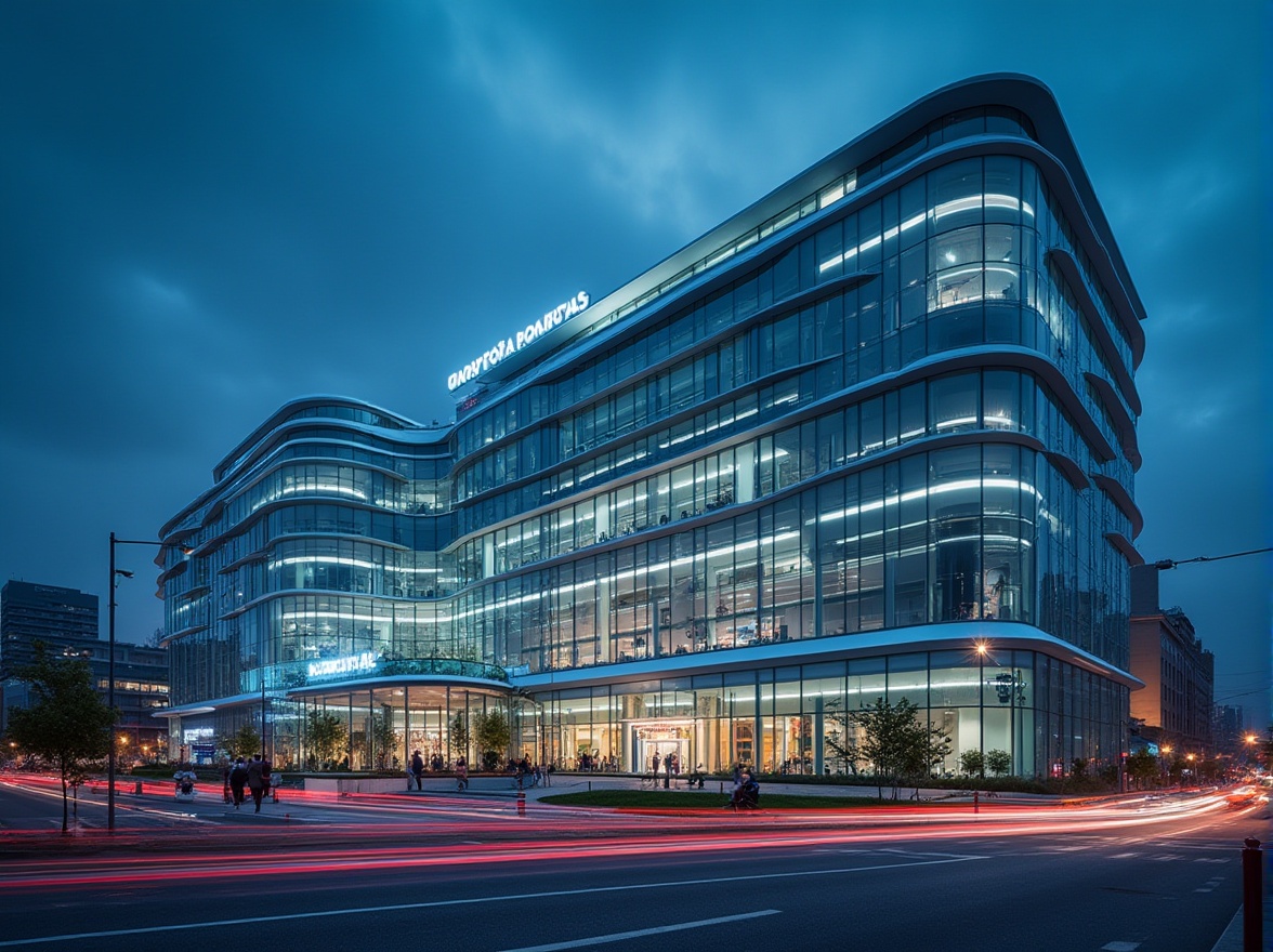 Prompt: Futuristic hospital building, modern architecture, streamline design, sleek lines, curved edges, glass facade, silver aluminum frames, LED lighting strips, night scene, cityscape, urban landscape, bustling streets, pedestrian traffic, blurred motion, shallow depth of field, low-angle shot, dramatic composition, cinematic mood, 3/4 view, softbox lighting, HDR rendering.