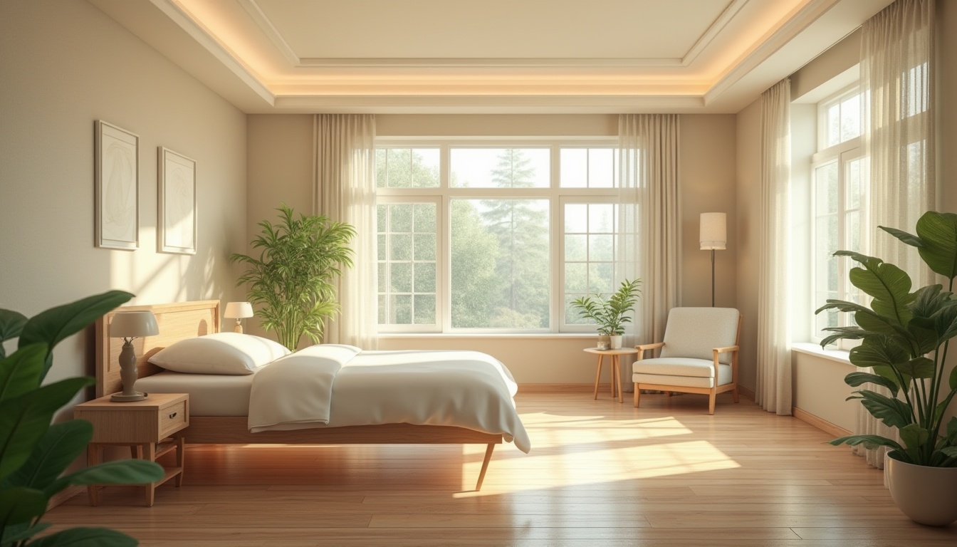 Prompt: Spacious hospital room, calm atmosphere, warm beige walls, large windows, natural light, green plants, comfortable bed, soft white bedding, wooden bedside table, gentle curves, minimal decor, soothing color palette, peaceful ambiance, quiet corner reading nook, cozy armchair, side table with lamp, warm wood floors, subtle texture, serene composition, 3/4 view, soft focus, calming lighting.