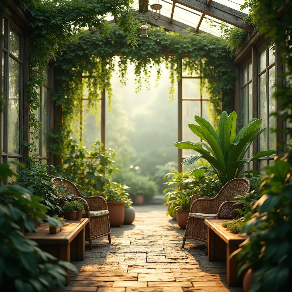 Prompt: Natural ambiance, serene greenhouse interior, lush greenery, vines crawling up wooden beams, warm sunlight filtering through transparent roof panels, soft diffused light, gentle shadows on leafy foliage, tender shoots sprouting from planters, rustic wooden benches, woven wicker chairs, earthy tone pots, natural stone flooring, misty atmosphere, morning dew, peaceful ambiance, 3/4 composition, cinematic lighting.