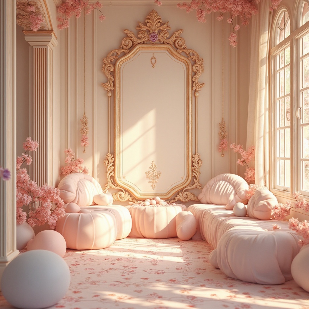 Prompt: Vibrant, pastel-inspired color palette, soft peach tones, gentle lavender hues, creamy whites, rich wood accents, subtle metallic sheen, warm beige backgrounds, delicate floral patterns, ornate gold frames, intricate lace details, romantic, whimsical, dreamy atmosphere, warm natural lighting, soft focus, shallow depth of field.