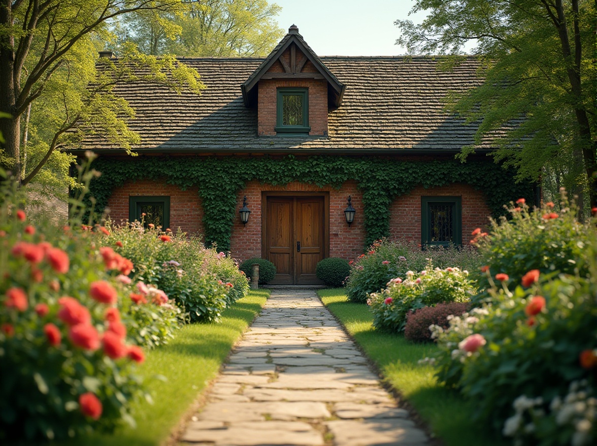 Prompt: Rustic barn, academic style, brick walls, green roof, ivy climbing, wooden doors, iron lanterns, stone pathway, lush greenery, blooming flowers, English garden, natural colors, warm lighting, afternoon sun, soft shadows, vintage camera composition, shallow depth of field.